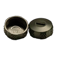 a pair of metal knobs on a black background
